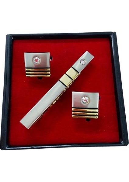 Altın Sarısı Renk Taşlı Kol Düğmesi ve Kravat Iğnesi Set Kd-74