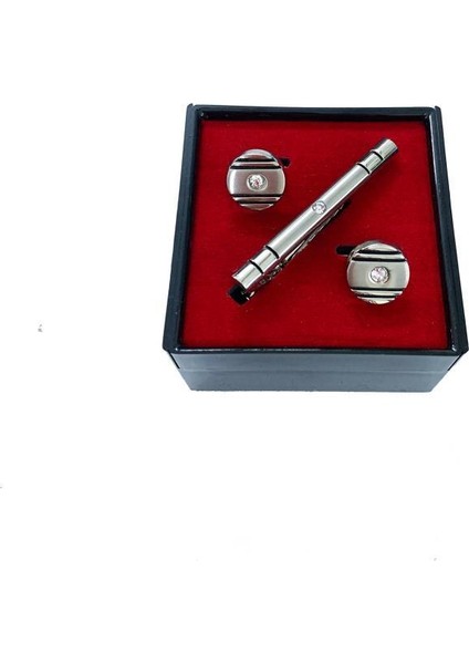Gümüş Renk Kol Düğmesi ve Kravat Iğnesi Set Kd-81