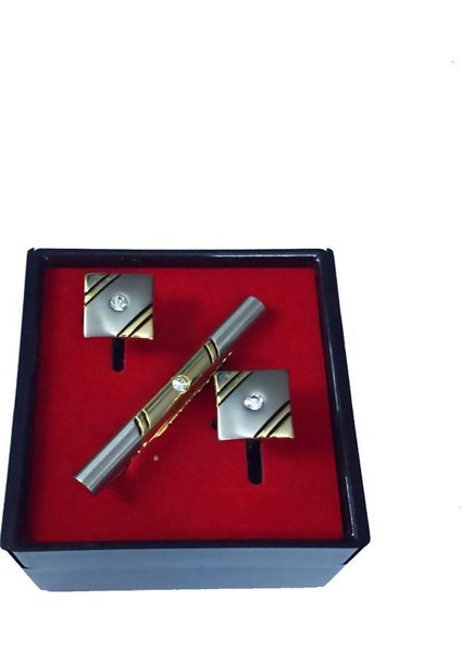 Altın Sarısı Renk Taşlı Kol Düğmesi ve Kravat Iğnesi Set Kd-77