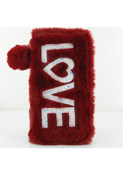 Peluş Detaylı Love Baskılı Telefon Kart ve Para Gözlü Fermuarlı Cüzdan Bordo