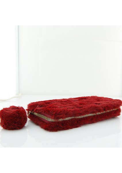 Peluş Detaylı Love Baskılı Telefon Kart ve Para Gözlü Fermuarlı Cüzdan Bordo fiyatları