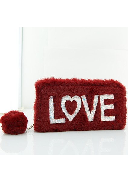 Peluş Detaylı Love Baskılı Telefon Kart ve Para Gözlü Fermuarlı Cüzdan Bordo fırsatları