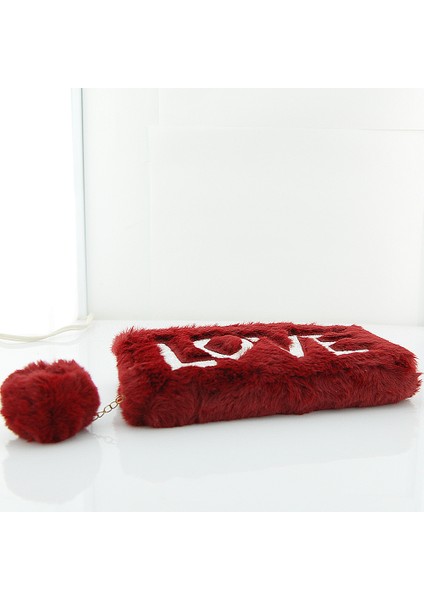 Peluş Detaylı Love Baskılı Telefon Kart ve Para Gözlü Fermuarlı Cüzdan Bordo indirimleri