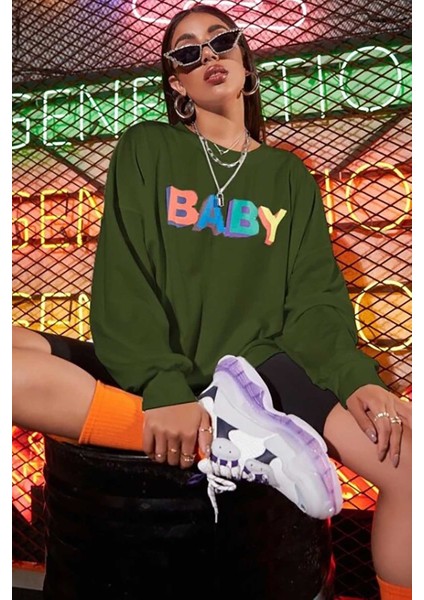 Mad Girls Haki Baby Baskılı Sweatshirt MG791