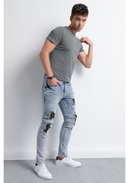 RD18YE010039 Jean Erkek Denim Pantolon Kamuflaj Yamalı Jean