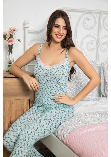 Kadın Çiçek Desenli Dantel Detaylı Şortlu ve Taytlı Pijama Takımı 3'lü Set 75013