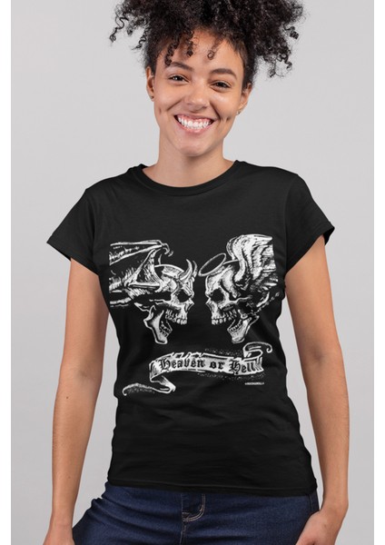 Melek Şeytan Siyah Kısa Kollu Kadın T-Shirt