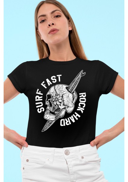Sörf Kurukafa Siyah Kısa Kollu Kadın T-Shirt