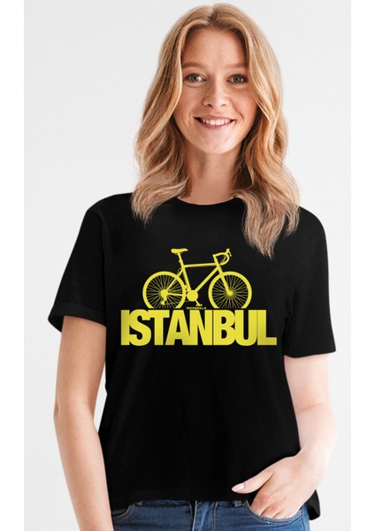 Istanbul Bisiklet Siyah Kısa Kollu Kadın T-Shirt