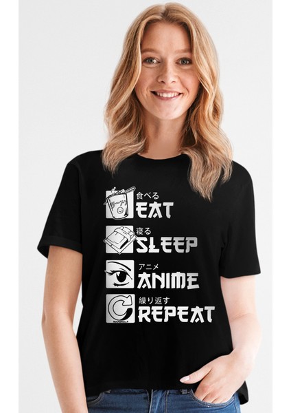 Hep Anime Siyah Kısa Kollu Kadın T-Shirt
