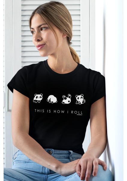 Panda Taklası Siyah Kısa Kollu Kadın T-Shirt