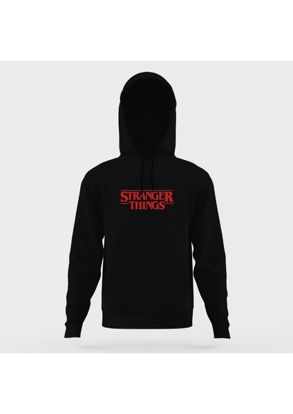 Stranger Things Logo Siyah Erkek Kapüşonlu Sweatshirt Uzun Kol