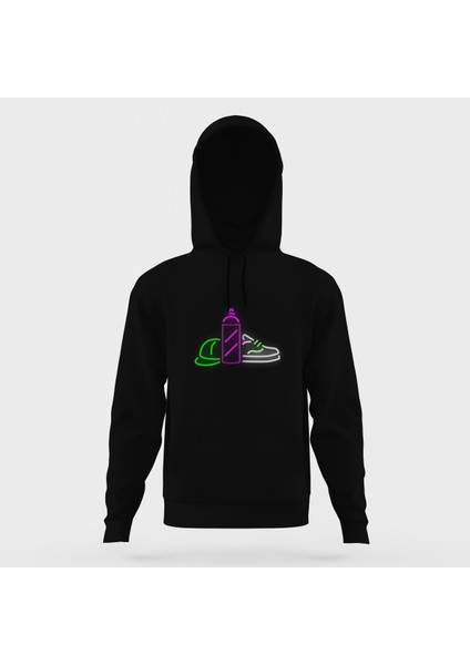 Grafitti Neon Light Siyah Erkek Kapüşonlu Sweatshirt Uzun Kol