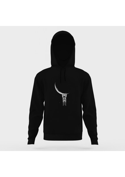 Astronot Aya Asılı Astronot Siyah Erkek Kapüşonlu Sweatshirt Uzun Kol