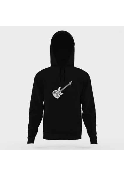 Bas Gitar Siyah ve Beyaz Elektro Gitar Siyah Erkek Kapüşonlu Sweatshirt Uzun Kol