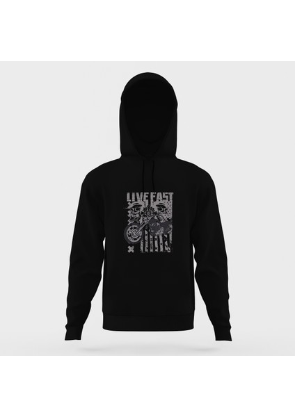 Live Fast Motorsiklet Siyah Erkek Kapüşonlu Sweatshirt Uzun Kol