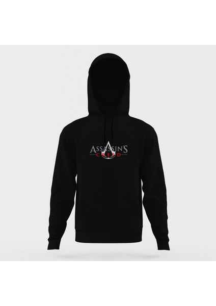Creed Logosu Assassins Creed Tam Logosu Siyah Erkek Kapüşonlu Sweatshirt Uzun Kol