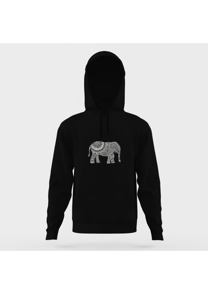 Mandala Fil Moi Siyah Erkek Kapüşonlu Sweatshirt Uzun Kol