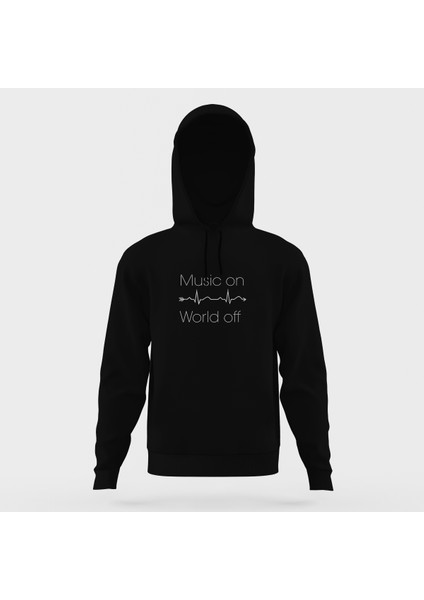 Music On World Off Siyah Erkek Kapüşonlu Sweatshirt Uzun Kol