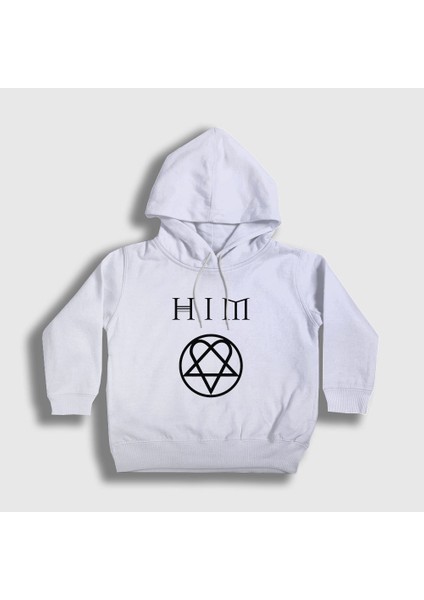 Unisex Çocuk Beyaz Logo Him Kapüşonlu Sweatshirt