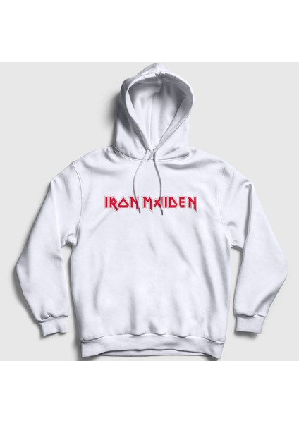 Unisex Beyaz Logo Iron Maiden Kapüşonlu Sweatshirt