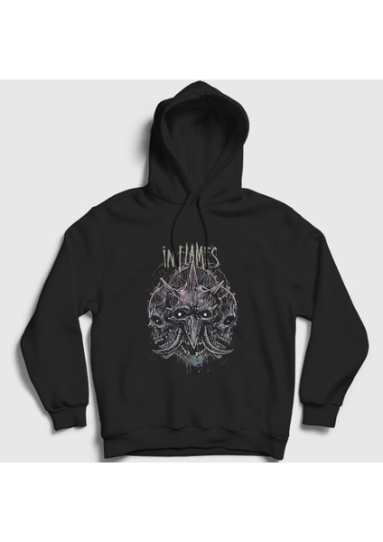 Unisex Siyah Skulls In Flames Kapüşonlu Sweatshirt