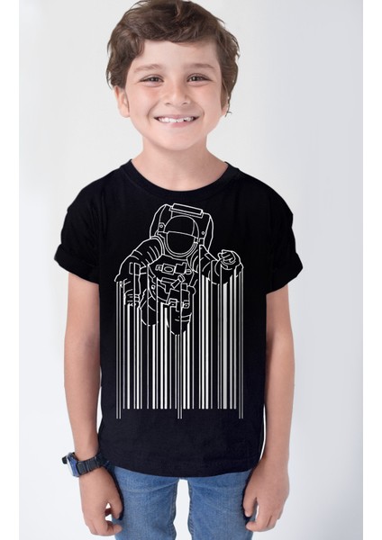 Barkod Astro Siyah Kısa Kollu Kız Erkek Uniseks Çocuk T-Shirt