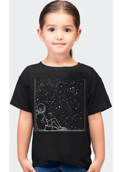 Evrensel Gülüş Siyah Kısa Kollu Kız Erkek Uniseks Çocuk T-Shirt