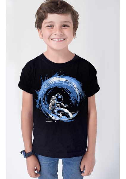 Galaktik Sörfcü Siyah Kısa Kollu Kız Erkek Uniseks Çocuk T-Shirt