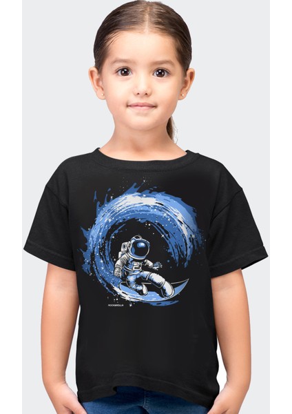 Galaktik Sörfcü Siyah Kısa Kollu Kız Erkek Uniseks Çocuk T-Shirt