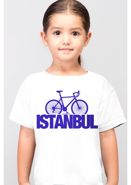 Istanbul Bisiklet Beyaz Kısa Kollu Kız Erkek Uniseks Çocuk T-Shirt