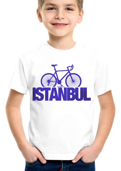 Istanbul Bisiklet Beyaz Kısa Kollu Kız Erkek Uniseks Çocuk T-Shirt