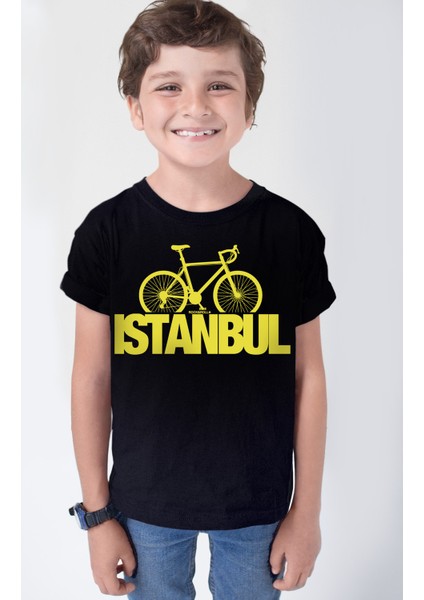 Istanbul Bisiklet Siyah Kısa Kollu Kız Erkek Uniseks Çocuk T-Shirt