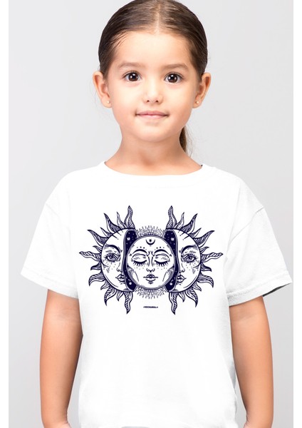 Ay Güneş Beyaz Kısa Kollu Kız Erkek Uniseks Çocuk T-Shirt