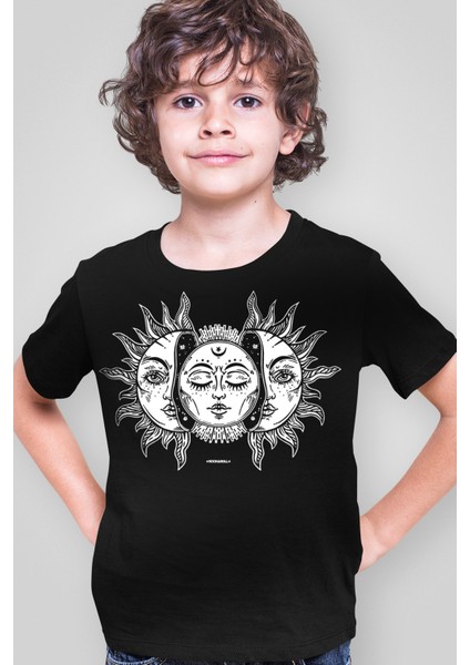Ay Güneş Siyah Kısa Kollu Kız Erkek Uniseks Çocuk T-Shirt