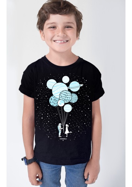 Balon Gezegenler Siyah Kısa Kollu Kız Erkek Uniseks Çocuk T-Shirt