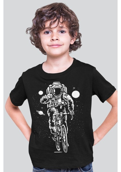 Bisikletli Astronot Siyah Kısa Kollu Kız Erkek Uniseks Çocuk T-Shirt