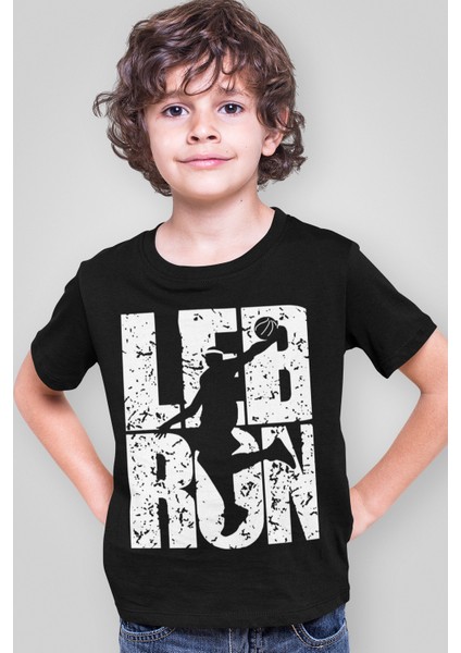 Lebron Yazı Siyah Kısa Kollu Kız Erkek Uniseks Çocuk T-Shirt