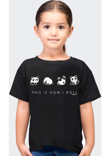 Panda Taklası Siyah Kısa Kollu Kız Erkek Uniseks Çocuk T-Shirt