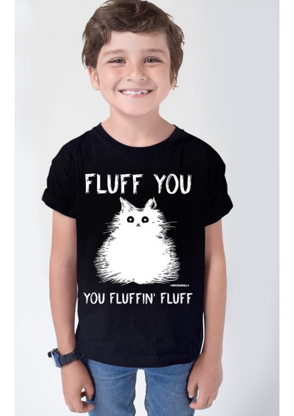 Pofuduk Siyah Kısa Kollu Kız Erkek Uniseks Çocuk T-Shirt