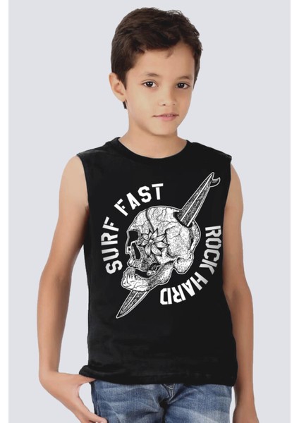 Sörf Kurukafa Siyah Kesik Kol | Kolsuz Kız Erkek Uniseks Çocuk T-Shirt | Atlet