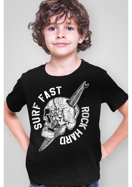Sörf Kurukafa Siyah Kısa Kollu Kız Erkek Uniseks Çocuk T-Shirt