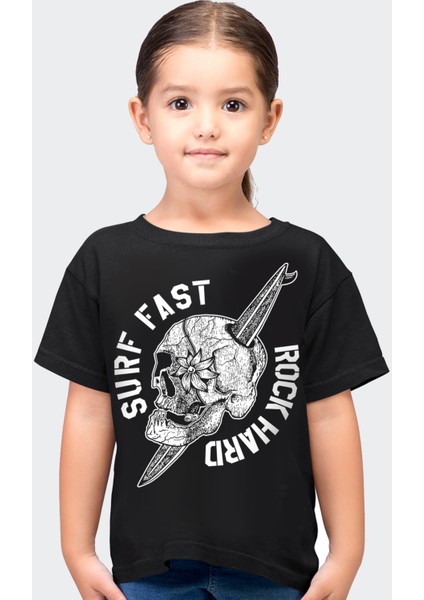 Sörf Kurukafa Siyah Kısa Kollu Kız Erkek Uniseks Çocuk T-Shirt