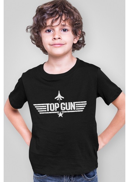 Top Gun Siyah Kısa Kollu Kız Erkek Uniseks Çocuk T-Shirt