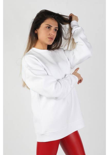 Kadın Sıfır Yaka Sweatshirt Beyaz