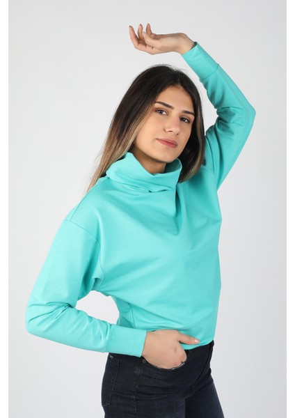 Kadın 2 İplik Degaje Yaka Sweatshirt Turkuaz