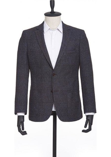 Kahverengi Ekose Desen Slim Fit Ceket