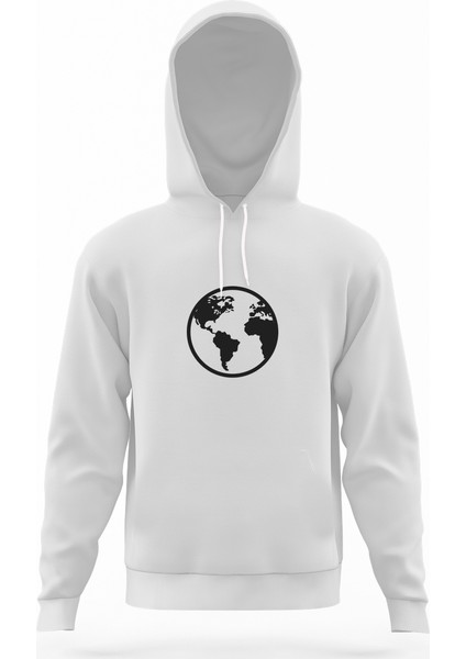 Silhouette Earth Icon Beyaz Erkek Kapüşonlu Sweatshirt Uzun Kol