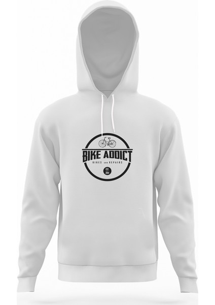 Bike Addict Logo Beyaz Erkek Kapüşonlu Sweatshirt Uzun Kol