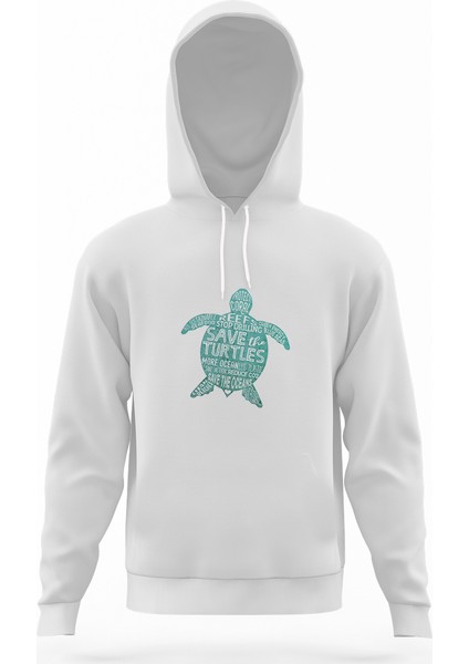 Silhouette Save The Turtles Beyaz Erkek Kapüşonlu Sweatshirt Uzun Kol